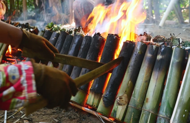 Bamboo Sticky Rice is being cooked